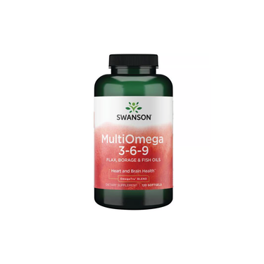 Swanson MultiOmega 3-6-9 (Flax, Borage & Fish), 120 softgels, supports heart and brain health with a blend of flaxseed, borage oil, and fish oil supplements.